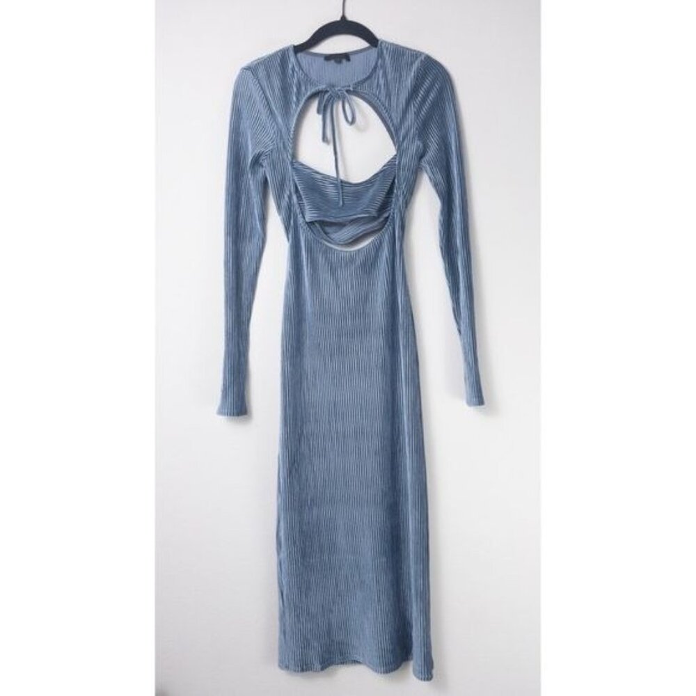 NEW h:ours Cutout Ribbed Velvet Midi Dress S Crushed Blue Tie